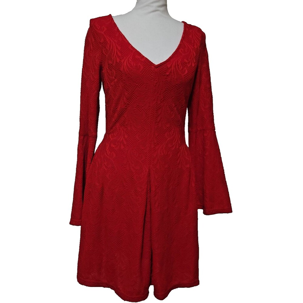 Dina Be Francescas Red Lace Lined Dress Long Bell Sleeve V-Neck Zip Back Small